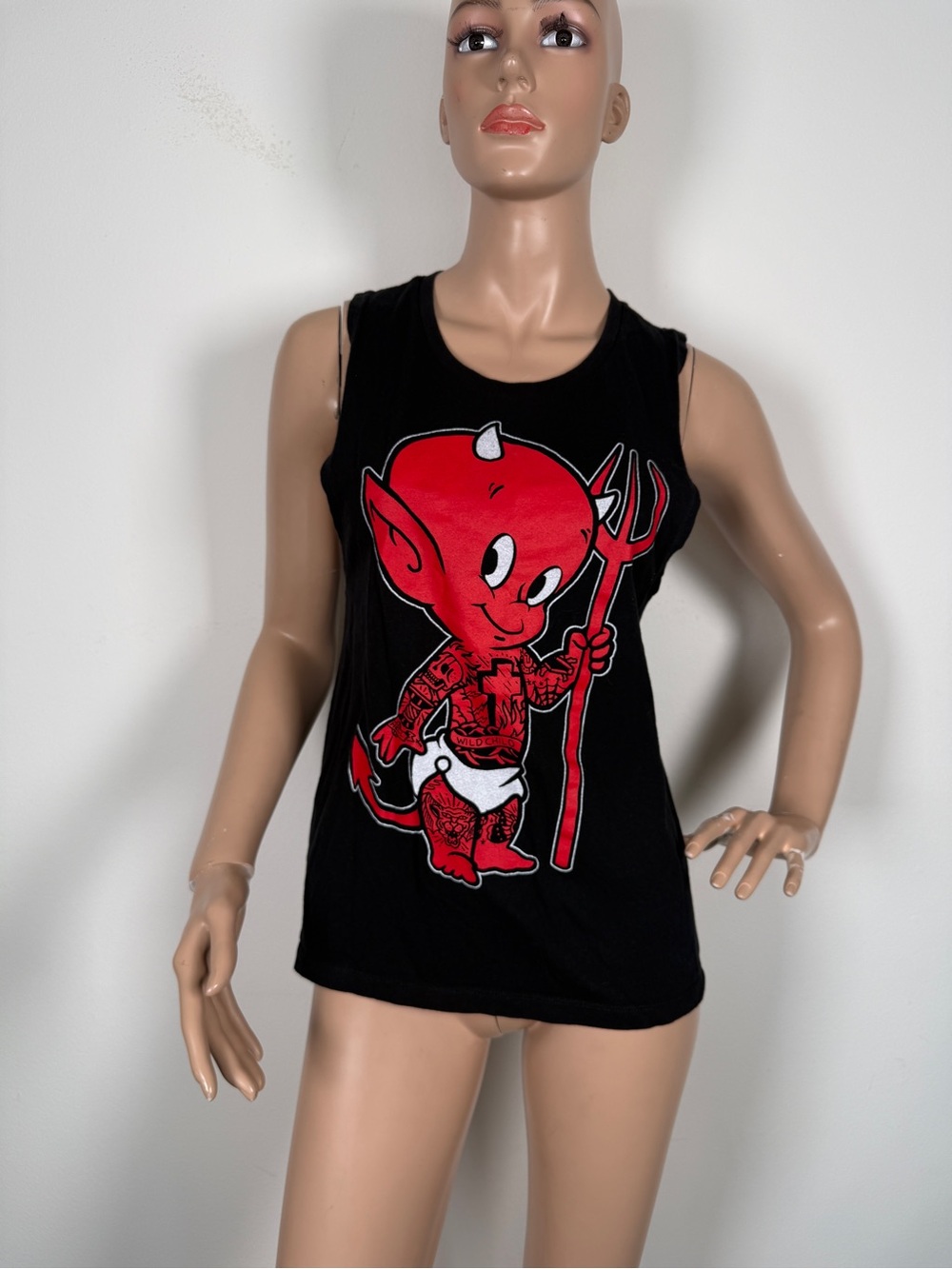 Black Sleeveless Tee with Red Devil Graphic